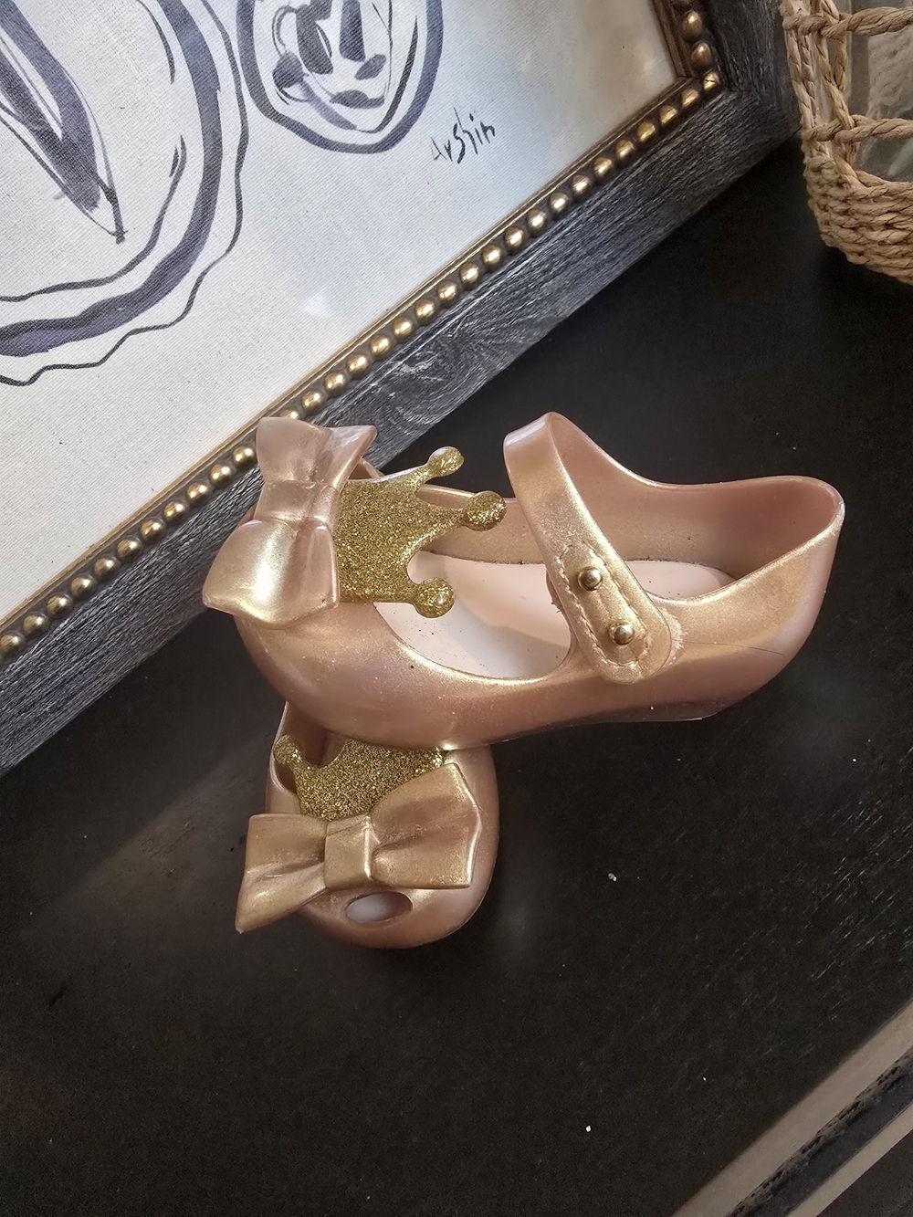 Mini Melissa Gold Glitter Crown Bow Mary Jane Peep Toe Flats Girls 5